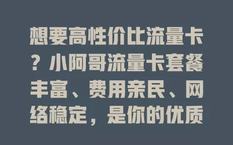 想要高性价比流量卡？小阿哥流量卡套餐丰富、费用亲民、网络稳定，是你的优质之选！
