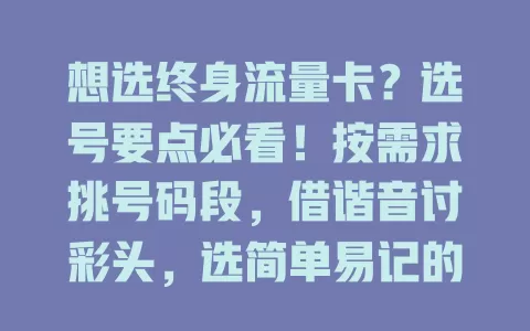 想选终身流量卡？选号要点必看！按需求挑号码段，借谐音讨彩头，选简单易记的，关注归属地，多因素综合考量，选出适合自己的好号
