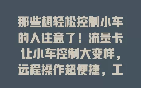 那些想轻松控制小车的人注意了！流量卡让小车控制大变样，远程操作超便捷，工业家居都能用，未来还有更多惊喜！