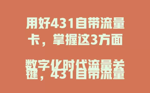 用好431自带流量卡，掌握这3方面

数字化时代流量关键，431自带流量卡受商家关注。要精准定位流量来源，合理规划用途，有效维护稳定。深入了解这3方面，就能借助流量卡为业务发展助力，在竞争中占优。