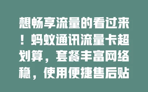 想畅享流量的看过来！蚂蚁通讯流量卡超划算，套餐丰富网络稳，使用便捷售后贴心