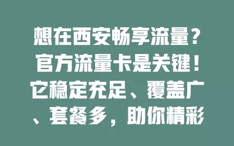 想在西安畅享流量？官方流量卡是关键！它稳定充足、覆盖广、套餐多，助你精彩应对网络需求，畅享便捷体验