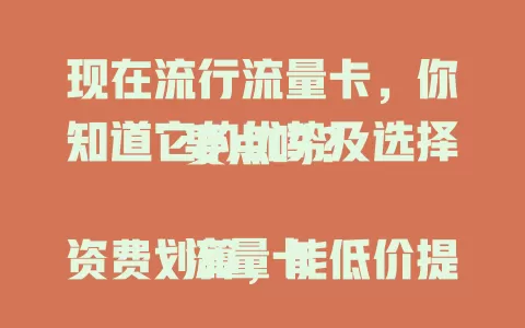 现在流行流量卡，你知道它的优势及选择要点吗？

流量卡资费划算，能低价提供大量流量。使用灵活，全国通用，有效期长。办理使用便捷，支持多设备。选时要谨慎，了解套餐内容，选正规渠道，正确使用才能尽享优势 。