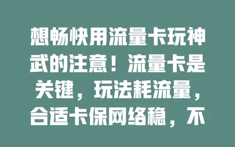 想畅快用流量卡玩神武的注意！流量卡是关键，玩法耗流量，合适卡保网络稳，不同卡特点异，玩家按需挑，选对卡如配好交通工具，玩神武更爽，挑选时要谨慎