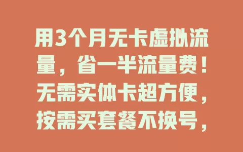 用3个月无卡虚拟流量，省一半流量费！无需实体卡超方便，按需买套餐不换号，灵活又省钱，快试试！