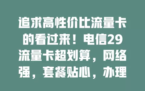 追求高性价比流量卡的看过来！电信29流量卡超划算，网络强，套餐贴心，办理使用便捷，是你的理想之选！