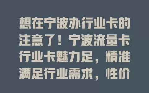 想在宁波办行业卡的注意了！宁波流量卡行业卡魅力足，精准满足行业需求，性价比高，服务可靠，是各行业发展得力工具，别错过这机遇便利