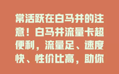 常活跃在白马井的注意！白马井流量卡超便利，流量足、速度快、性价比高，助你畅享网络