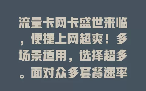 流量卡网卡盛世来临，便捷上网超爽！多场景适用，选择超多。面对众多套餐速率，需谨慎挑适合自己的，把握网络便利，开启精彩数字生活，你准备好了吗？