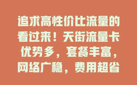 追求高性价比流量的看过来！天街流量卡优势多，套餐丰富，网络广稳，费用超省，手续简便，能解流量困扰，带来全新体验