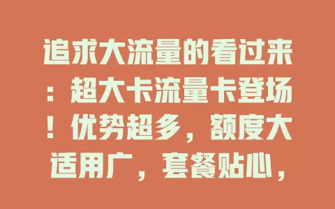 追求大流量的看过来：超大卡流量卡登场！优势超多，额度大适用广，套餐贴心，满足多样需求，畅享畅快上网体验