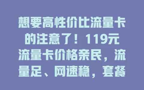 想要高性价比流量卡的注意了！119元流量卡价格亲民，流量足、网速稳，套餐合理计费清，社交追剧学习办公都好用，别错过！