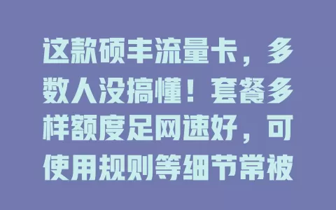 这款硕丰流量卡，多数人没搞懂！套餐多样额度足网速好，可使用规则等细节常被忽视，深入了解才能畅享便利
