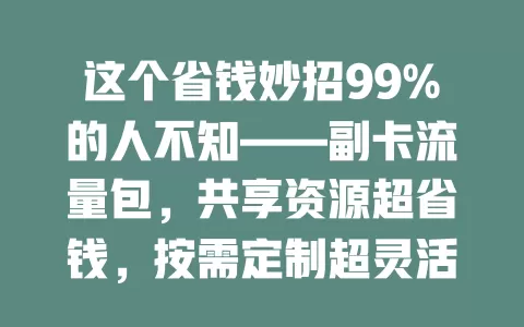 这个省钱妙招99%的人不知——副卡流量包，共享资源超省钱，按需定制超灵活，办理还简便！