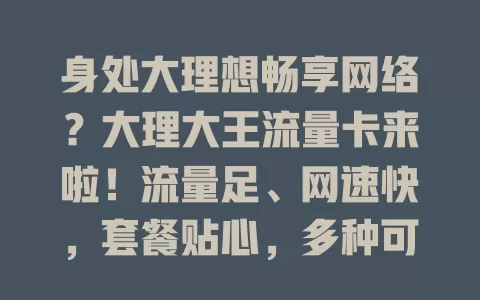 身处大理想畅享网络？大理大王流量卡来啦！流量足、网速快，套餐贴心，多种可选，让你在大理轻松连网，尽情娱乐，别犹豫，快了解！