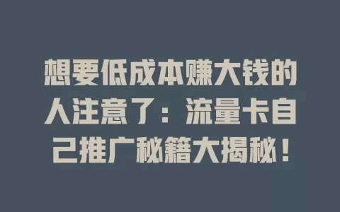 想要低成本赚大钱的人注意了：流量卡自己推广秘籍大揭秘！
