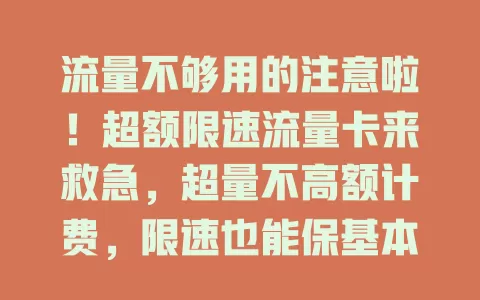 流量不够用的注意啦！超额限速流量卡来救急，超量不高额计费，限速也能保基本连接，满足多样需求，按需选卡告别流量烦恼