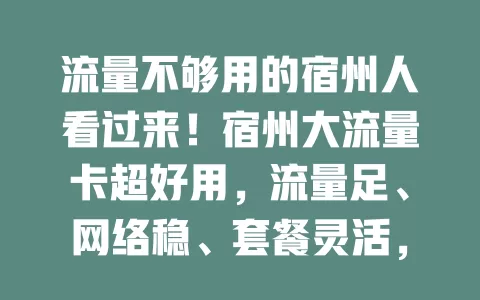 流量不够用的宿州人看过来！宿州大流量卡超好用，流量足、网络稳、套餐灵活，学生上班族都爱它