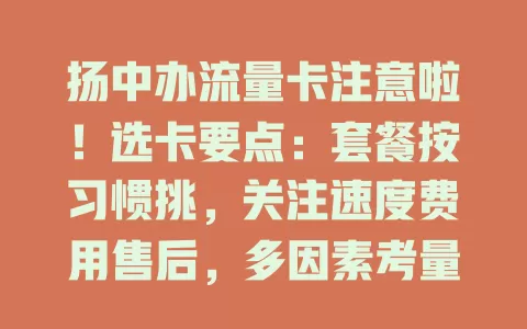 扬中办流量卡注意啦！选卡要点：套餐按习惯挑，关注速度费用售后，多因素考量才能选到适合的，让网络更顺畅