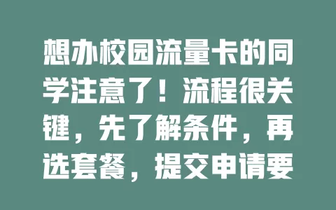 想办校园流量卡的同学注意了！流程很关键，先了解条件，再选套餐，提交申请要仔细，审核几天完成，通过后可领卡，按说明激活就能畅享网络，环环相扣，做好才有好体验