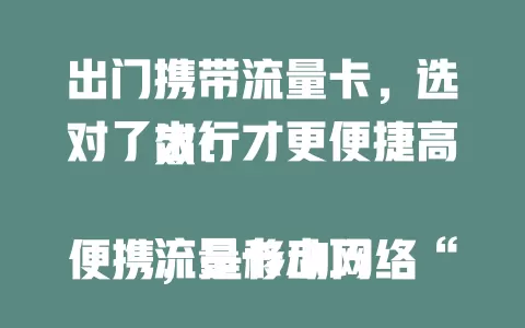 出门携带流量卡，选对了出行才更便捷高效！

流量卡小巧便携，是移动网络“钥匙”。旅游、出差、通勤随时用，分享见闻、导航、处理工作超方便。选时关注流量额度、网络速度和信号覆盖，挑对让出行畅享网络乐趣！