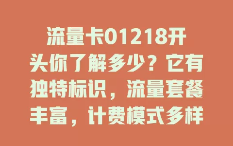 流量卡01218开头你了解多少？它有独特标识，流量套餐丰富，计费模式多样，网络稳定。选它要谨慎，综合考量多因素，找到适合自己的，畅享便捷通信与最佳体验