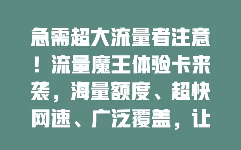 急需超大流量者注意！流量魔王体验卡来袭，海量额度、超快网速、广泛覆盖，让你告别流量困扰