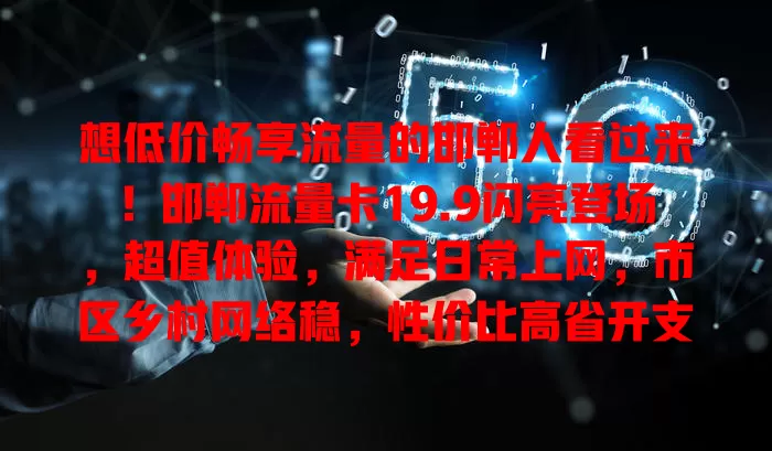 想低价畅享流量的邯郸人看过来！邯郸流量卡19.9闪亮登场，超值体验，满足日常上网，市区乡村网络稳，性价比高省开支，别犹豫，抓住机会开启精彩网络生活！