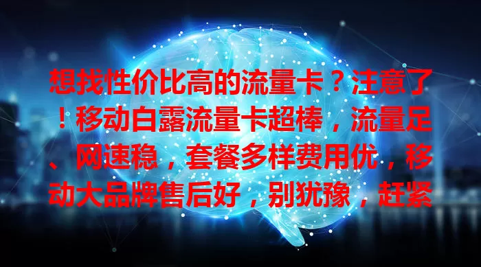 想找性价比高的流量卡？注意了！移动白露流量卡超棒，流量足、网速稳，套餐多样费用优，移动大品牌售后好，别犹豫，赶紧选它开启畅快流量之旅！