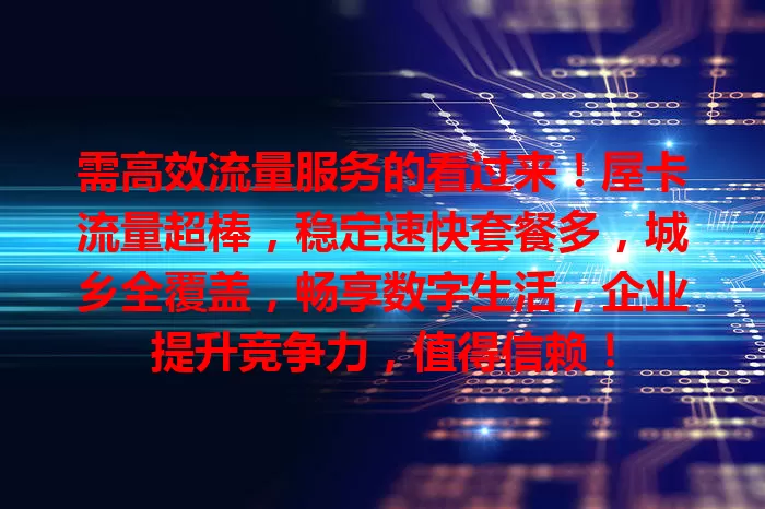 需高效流量服务的看过来！屋卡流量超棒，稳定速快套餐多，城乡全覆盖，畅享数字生活，企业提升竞争力，值得信赖！