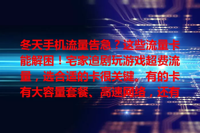 冬天手机流量告急？这些流量卡能解困！宅家追剧玩游戏超费流量，选合适的卡很关键。有的卡有大容量套餐、高速网络，还有针对不同场景的特色服务。选卡要考虑性价比和覆盖范围，让手机冬季无忧