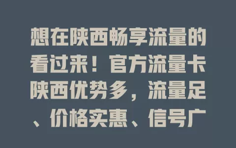 想在陕西畅享流量的看过来！官方流量卡陕西优势多，流量足、价格实惠、信号广，上班族、直播从业者、学生群体都适用，带来优质网络体验，畅享便捷精彩