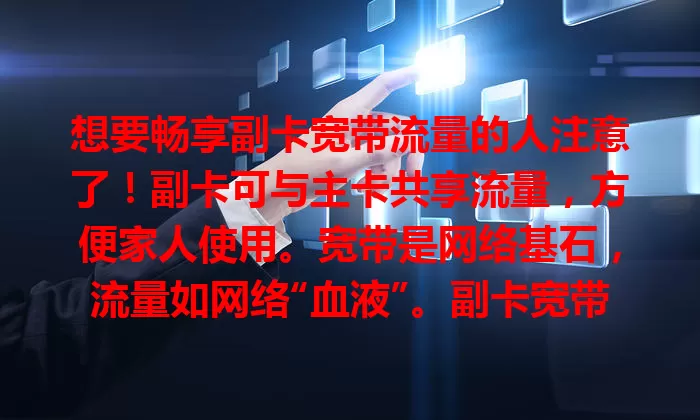 想要畅享副卡宽带流量的人注意了！副卡可与主卡共享流量，方便家人使用。宽带是网络基石，流量如网络“血液”。副卡宽带流量组合打造全方位网络生活圈，助你轻松应对不同场景网络需求。