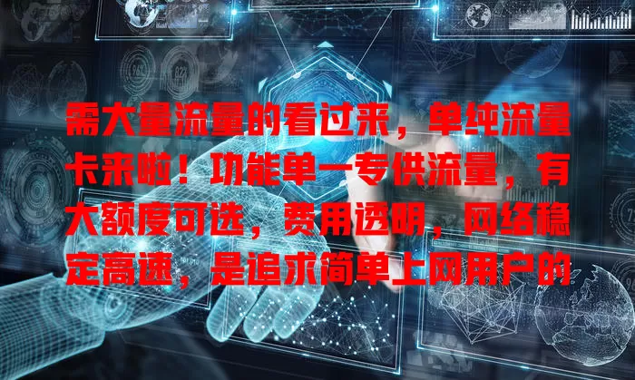 需大量流量的看过来，单纯流量卡来啦！功能单一专供流量，有大额度可选，费用透明，网络稳定高速，是追求简单上网用户的绝佳之选