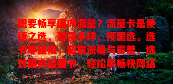 想要畅享国内流量？流量卡是便捷之选，套餐多样，按需选。选卡要谨慎，留意流量与覆盖。选对国内流量卡，轻松享畅快网络体验