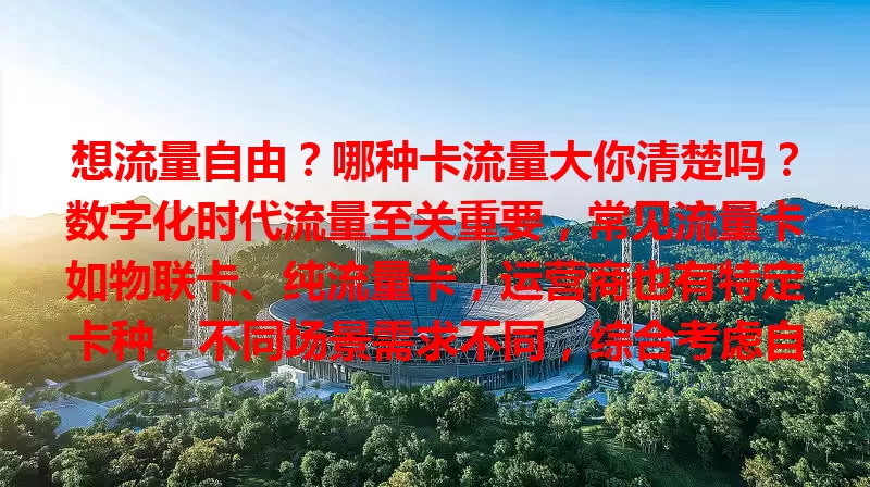 想流量自由？哪种卡流量大你清楚吗？数字化时代流量至关重要，常见流量卡如物联卡、纯流量卡，运营商也有特定卡种。不同场景需求不同，综合考虑自身情况，才能选到适合的大流量卡实现自由。